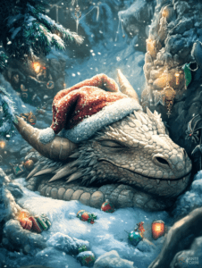 Festive Dragon Slumbering in a Snowy Enchanted Forest With Gifts and Ornaments Adjacent to Cliffside Decorated With Icicles and Warm Glowing Lanterns Christmas Digital Painting 18 X 24 Inch