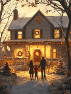 Family Gazing at the Warmly Illuminated Snow-Covered House Decorated with Festive Wreaths and Twinkling Lights Christmas Digital Painting 18 X 24 Inch