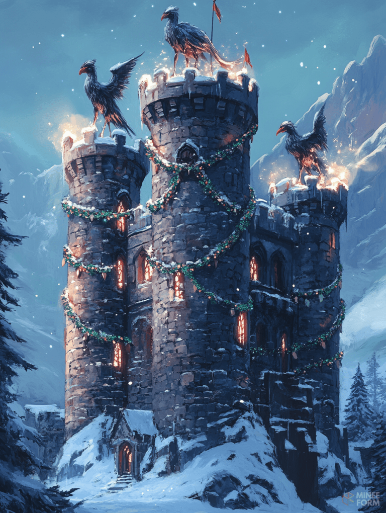 Majestic Snow-Covered Castle with Glittering Gryphons and Garland-Wrapped Towers Illuminating the Winter Night Sky Christmas Digital Painting 18 X 24 Inch