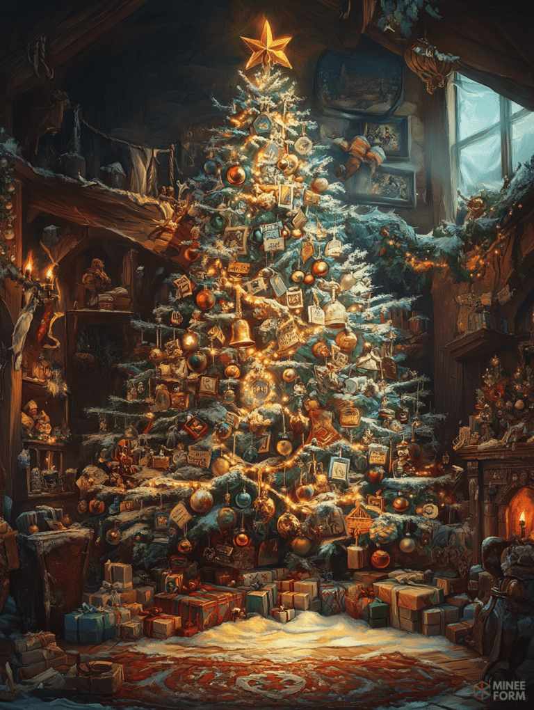 Majestic Christmas Tree Illuminated in a Cozy Rustic Living Room with Abundant Gifts and Holiday Decorations Under the Warm Glow of Candlelight and Snow Covered Windowpanes Christmas Digital Painting 18 X 24 Inch