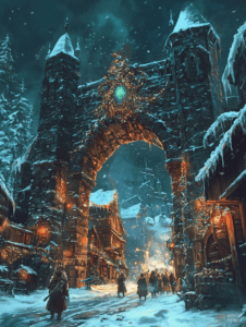 Majestic Snow-Covered Archway Illuminating a Festive Medieval Village with Glittering Lanterns and Warm Gatherings Under a Starlit Winter Sky Christmas Digital Painting 18 X 24 Inch