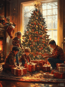 Family Gathering Around the Christmas Tree in a Cozy Living Room with Warm Firelight and Snowy Window Views Christmas Digital Painting 18 X 24 Inch