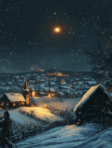 Peaceful Snow-Covered Village Under a Starry Night Sky with a Bright Guiding Star Illuminating the Landscape Christmas Digital Painting 18 X 24 Inch