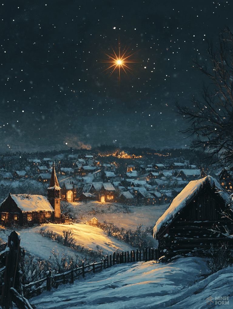 Peaceful Snow-Covered Village Under a Starry Night Sky with a Bright Guiding Star Illuminating the Landscape Christmas Digital Painting 18 X 24 Inch