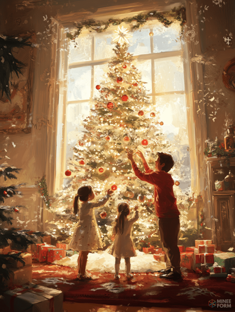 Children Adorning a Glowing Christmas Tree with Red Baubles in a Cozy Living Room Illuminated by Sunlight Streaming Through Large Windows Christmas Digital Painting 18 X 24 Inch