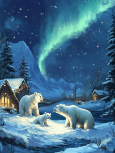 Polar Bear Family Under the Glowing Aurora in a Snow-Covered Forest With Cozy Cabins and Majestic Mountains Christmas Digital Painting 18 X 24 Inch