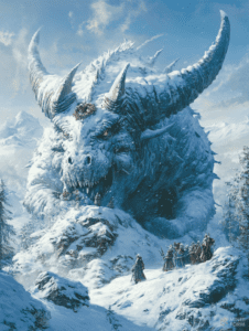 Majestic Snow-Covered Dragon Looming Over Adventurers Amidst a Serene Icy Mountain Landscape Christmas Digital Painting 18 X 24 Inch