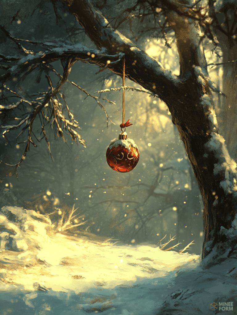 Red Glass Ornament Suspended from Snow-Covered Tree Branch in Sunlit Winter Forest Scene Christmas Digital Painting 18 X 24 Inch