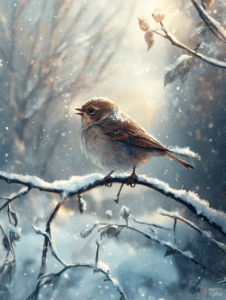 Tranquil Winter Scene with Sparrow Perched on Snow-Covered Branch Under Soft Falling Snowflakes in Serene Sunlight Christmas Digital Painting 18 X 24 Inch