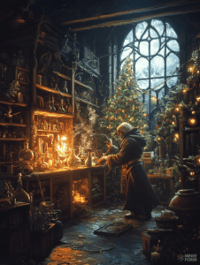 The Alchemist's Enchanted Winter Workshop Illuminated by an Elegant Christmas Tree and Moonlit Stained Glass Window Christmas Digital Painting 18 X 24 Inch