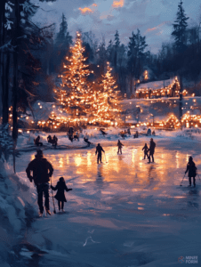 Enchanting Winter Evening Ice Skating Scene with Glowing Festive Lights and Cozy Wooden Cabin by a Snowy Forest Christmas Digital Painting 18 X 24 Inch