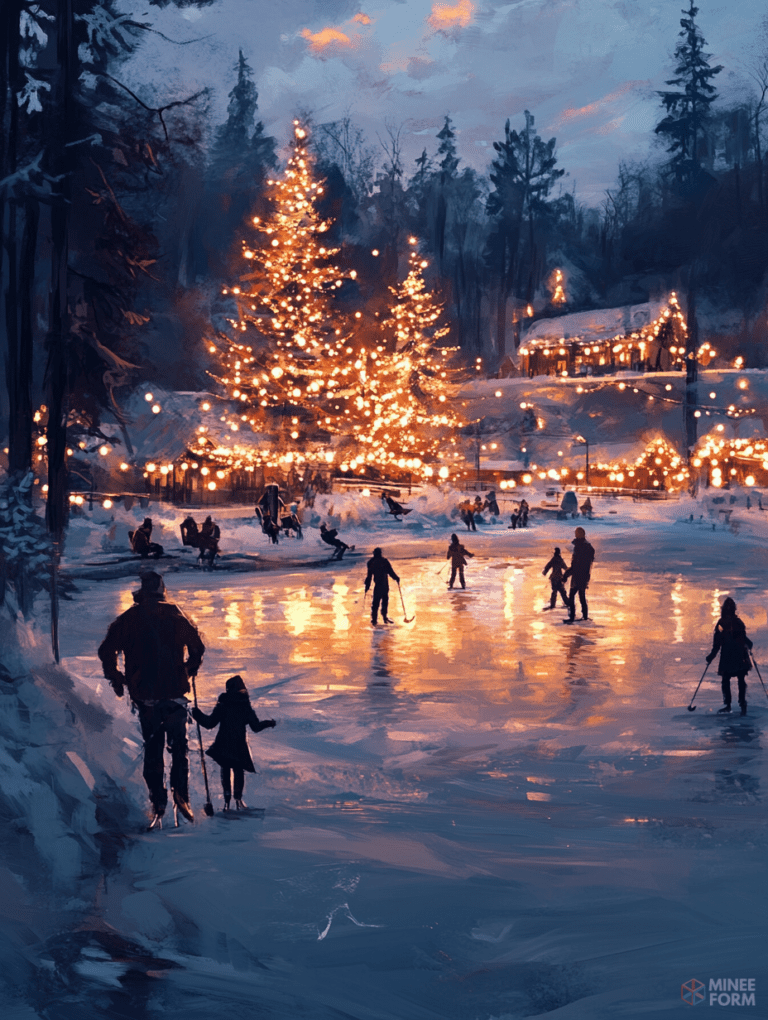 Enchanting Winter Evening Ice Skating Scene with Glowing Festive Lights and Cozy Wooden Cabin by a Snowy Forest Christmas Digital Painting 18 X 24 Inch