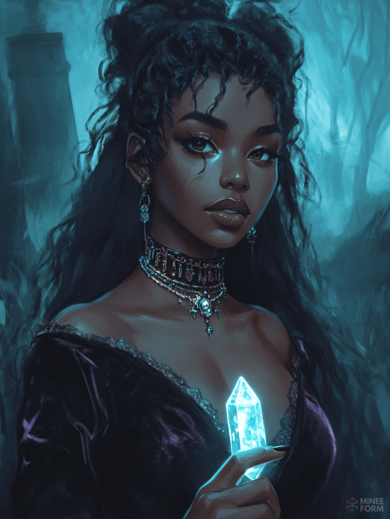 Mystical Woman with Glowing Crystal in a Mysterious Dark Forest at Twilight Cute Girl Digital Painting 18 X 24 Inch