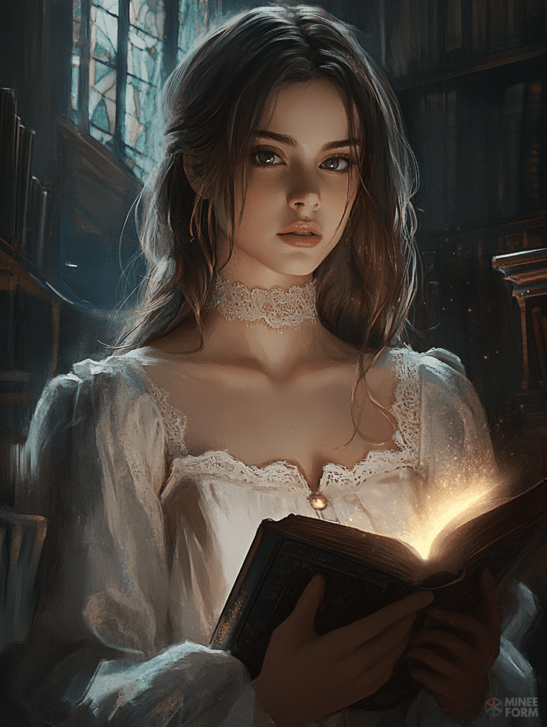 A Mysterious Young Woman in a Quaint Library with a Glowing Book Bathed in Ethereal Light from a Stained Glass Window Cute Girl Digital Painting 18 X 24 Inch