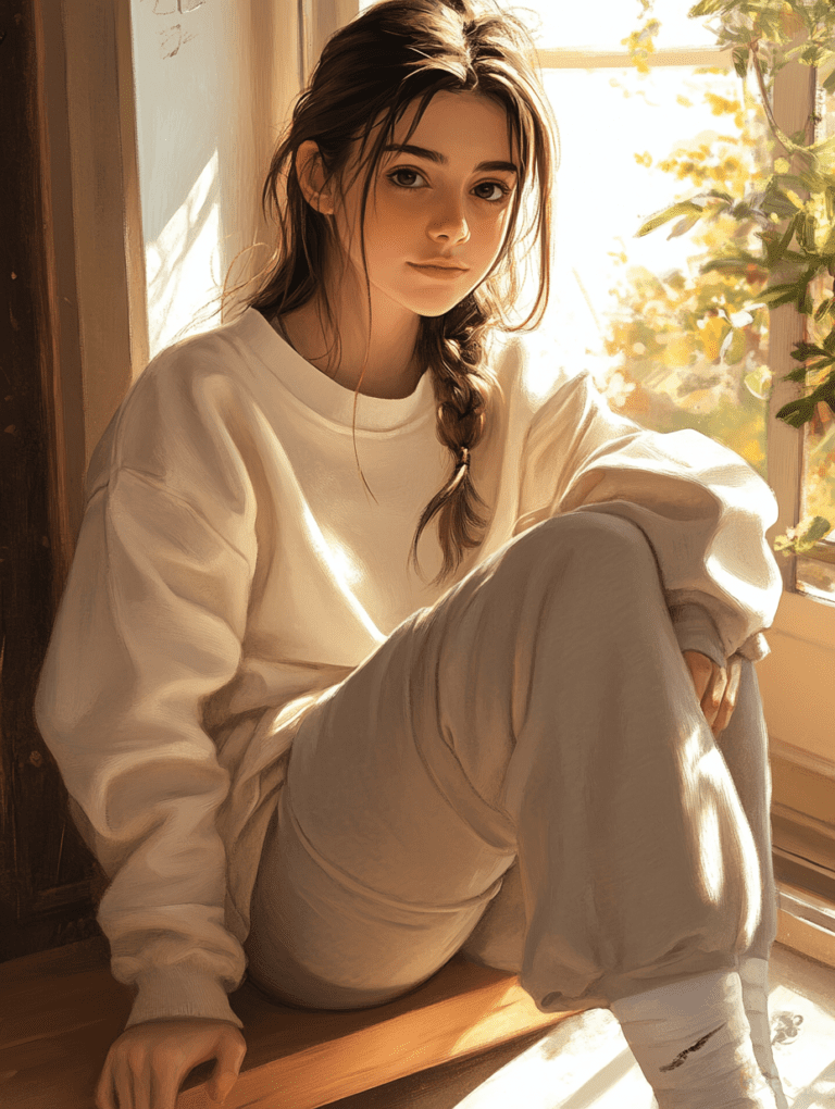 Young Woman with Braided Hair Sitting in Sun-Drenched Room Wearing Cozy Sweater and Sweatpants Bathed in Warm Golden Light Framed by Window with Lush Greenery Cute Girl Digital Painting 18 X 24 Inch