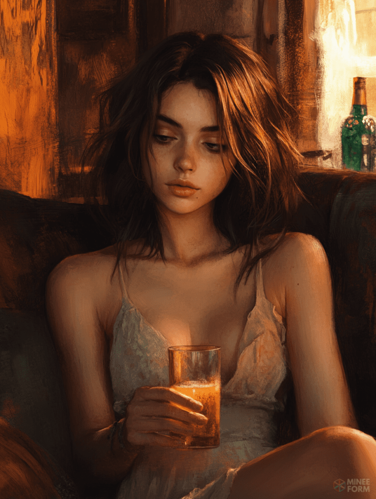 Reflective Young Woman Holding a Glass in Warmly Lit Cozy Room Cute Girl Digital Painting 18 X 24 Inch