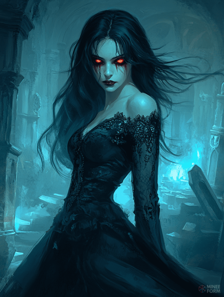 Mysterious Woman with Fiery Eyes in Gloomy Gothic Cathedral Ruins Cute Girl Digital Painting 18 X 24 Inch