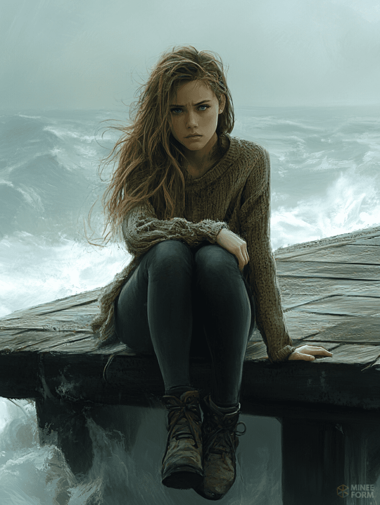 Young Woman Sitting on Wooden Pier Amidst Rolling Waves and Overcast Sky with Intense Emotional Gaze and Windblown Hair Cute Girl Digital Painting 18 X 24 Inch