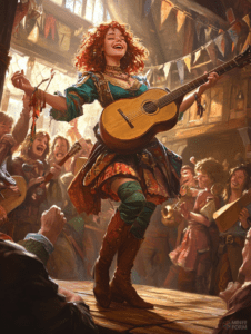 Joyful Red-Haired Musician Captivating a Lively Tavern Crowd with Energetic Guitar Performance Cute Girl Digital Painting 18 X 24 Inch