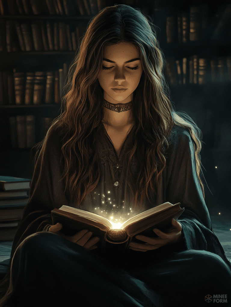 Enchanted Young Woman Reading a Magical Book in a Dimly Lit Library with Warm Glowing Light and Shelves Filled with Old Volumes Cute Girl Digital Painting 18 X 24 Inch