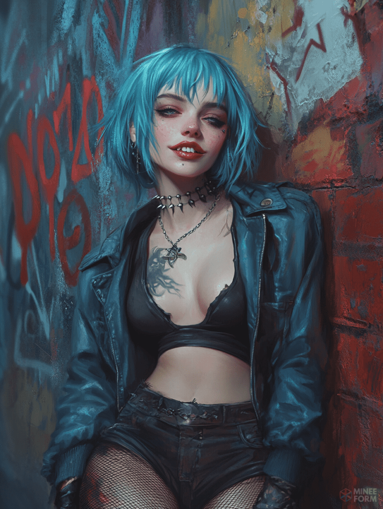 Young Woman with Vibrant Blue Hair in Edgy Urban Outfit Leaning Against Colorful Graffiti Wall Cute Girl Digital Painting 18 X 24 Inch