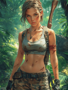 Adventurous Explorer in a Lush Jungle Setting with Sunlight Filtering Through the Dense Canopy Highlighting Her Determined Expression and Tactical Gear Cute Girl Digital Painting 18 X 24 Inch