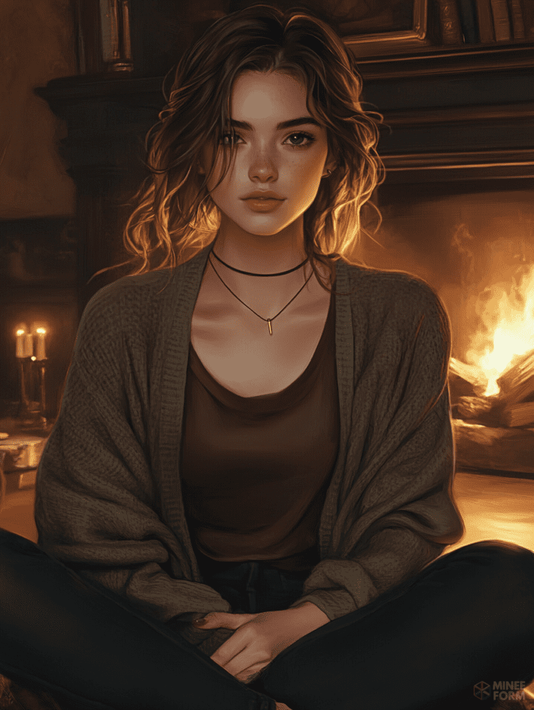 Young Woman with Soft Expression Sitting by a Cozy Fireplace Surrounded by Warm Candlelight in a Harmonious Blend of Earthy Tones and Shadows Cute Girl Digital Painting 18 X 24 Inch