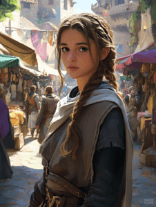 Young Woman with Braided Hair in Bustling Medieval Market Surrounded by Colorful Stalls and Historic Architecture Cute Girl Digital Painting 18 X 24 Inch