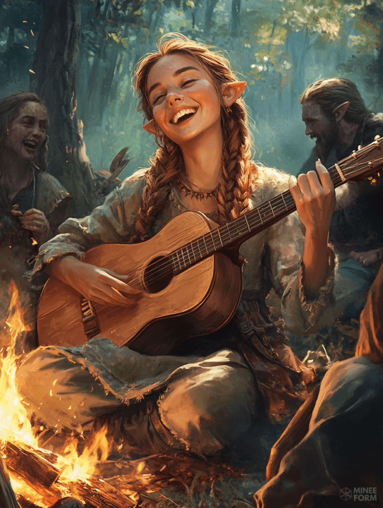 Joyful Elf Maiden Playing Guitar by a Campfire in a Sunlit Forest Surrounded by Laughing Companions Cute Girl Digital Painting 18 X 24 Inch