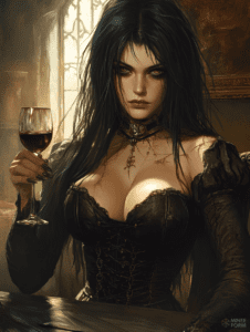 Mysterious Woman with Gothic Elegance Holding a Glass of Red Wine in a Dimly Lit Vintage Room Cute Girl Digital Painting 18 X 24 Inch