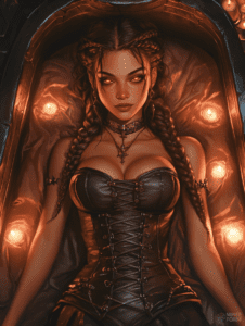 Mysterious Woman with Fiery Eyes in Dark Corset and Braided Hair Surrounded by Candlelit Glow in Luxurious Coffin Setting Cute Girl Digital Painting 18 X 24 Inch