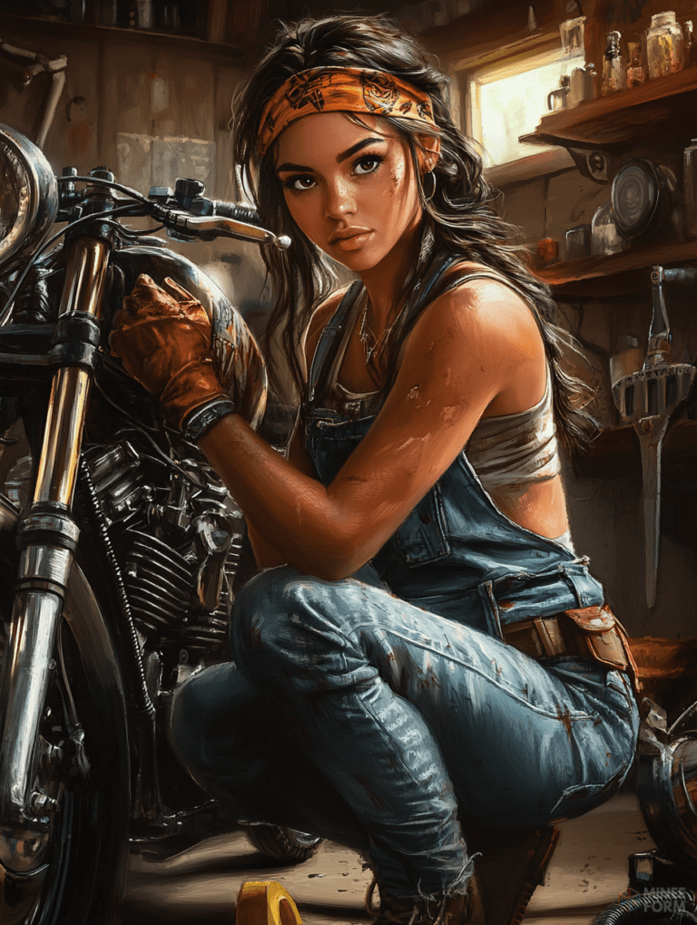 Young Woman in Overalls Fixing a Motorcycle in a Sunlit Rustic Workshop with Tools on Wooden Shelves and Dusty Attire Cute Girl Digital Painting 18 X 24 Inch