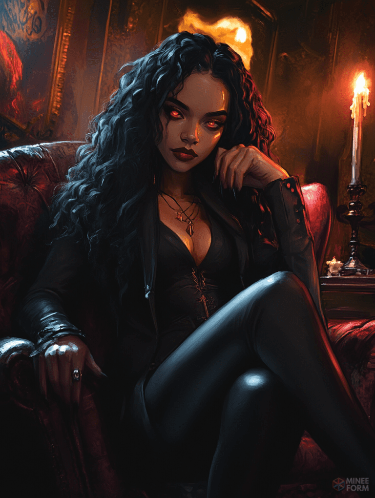 Mysterious Woman with Fiery Eyes Reclining in an Opulent Velvet Armchair Illuminated by Candlelight in a Dark Gothic Room Cute Girl Digital Painting 18 X 24 Inch