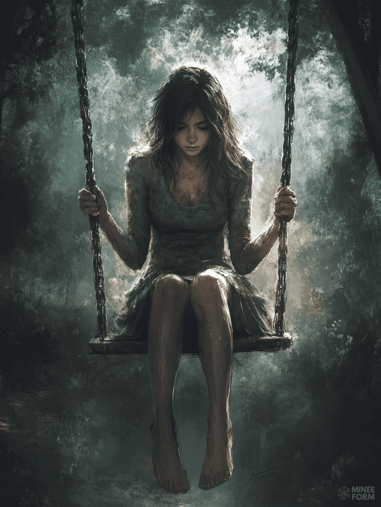 Melancholic Girl on a Wooden Swing in a Misty Enchanted Forest Cute Girl Digital Painting 18 X 24 Inch