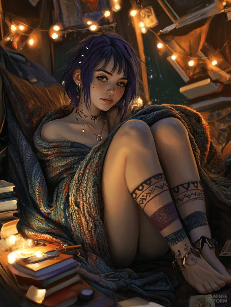 Cozy Evening with Purple-Haired Girl in Blanket Surrounded by Books and Fairy Lights Cute Girl Digital Painting 18 X 24 Inch