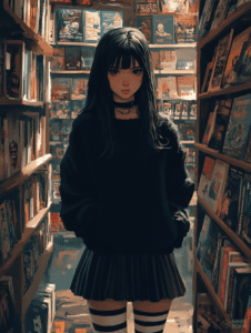 Young Woman in Dark Knit Sweater and Striped Socks Stands Between Shelves of Colorful Comics and Graphic Novels in Cozy Bookstore Aisle with Warm Lighting Cute Girl Digital Painting 18 X 24 Inch