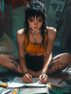 Young Woman in a Creative Art Studio Immersed in Sketching with Colored Pencils Sitting Cross-Legged on the Floor Surrounded by Art Supplies Illuminated by Soft Natural Light and Wearing a Bright Orange Tank Top and Black Shorts with Tattoos on Her Legs Cute Girl Digital Painting 18 X 24 Inch