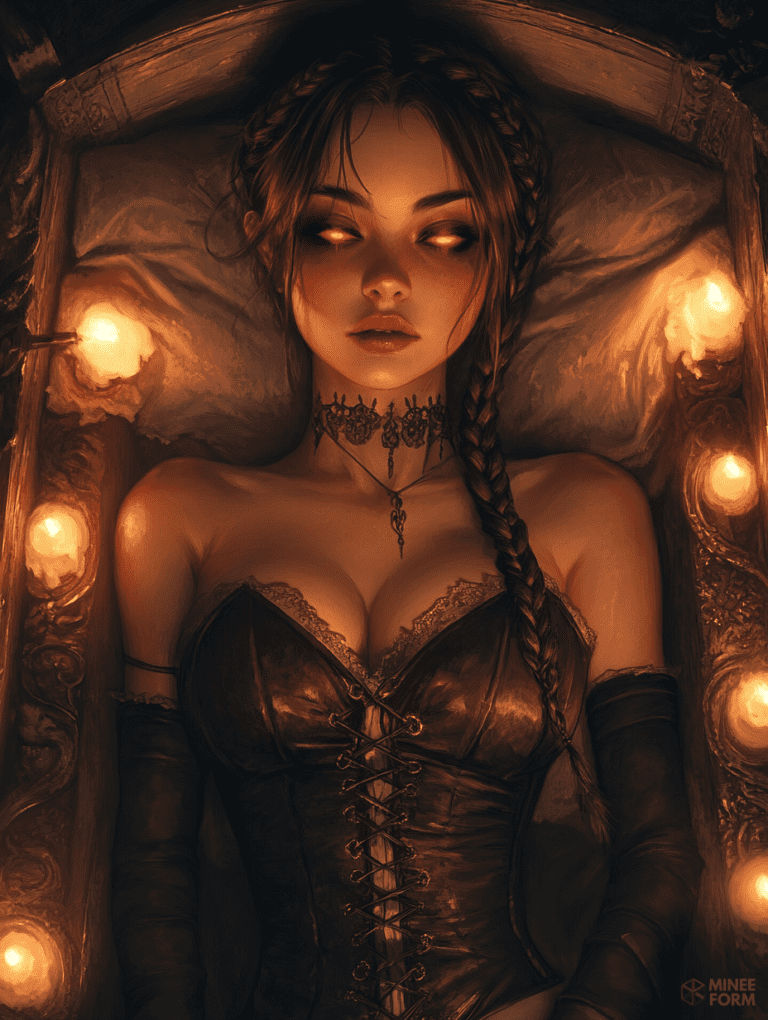 Mysterious Enchantress with Fiery Eyes and Braided Hair in a Dimly Lit Gothic Setting with Candlelight Glow Cute Girl Digital Painting 18 X 24 Inch