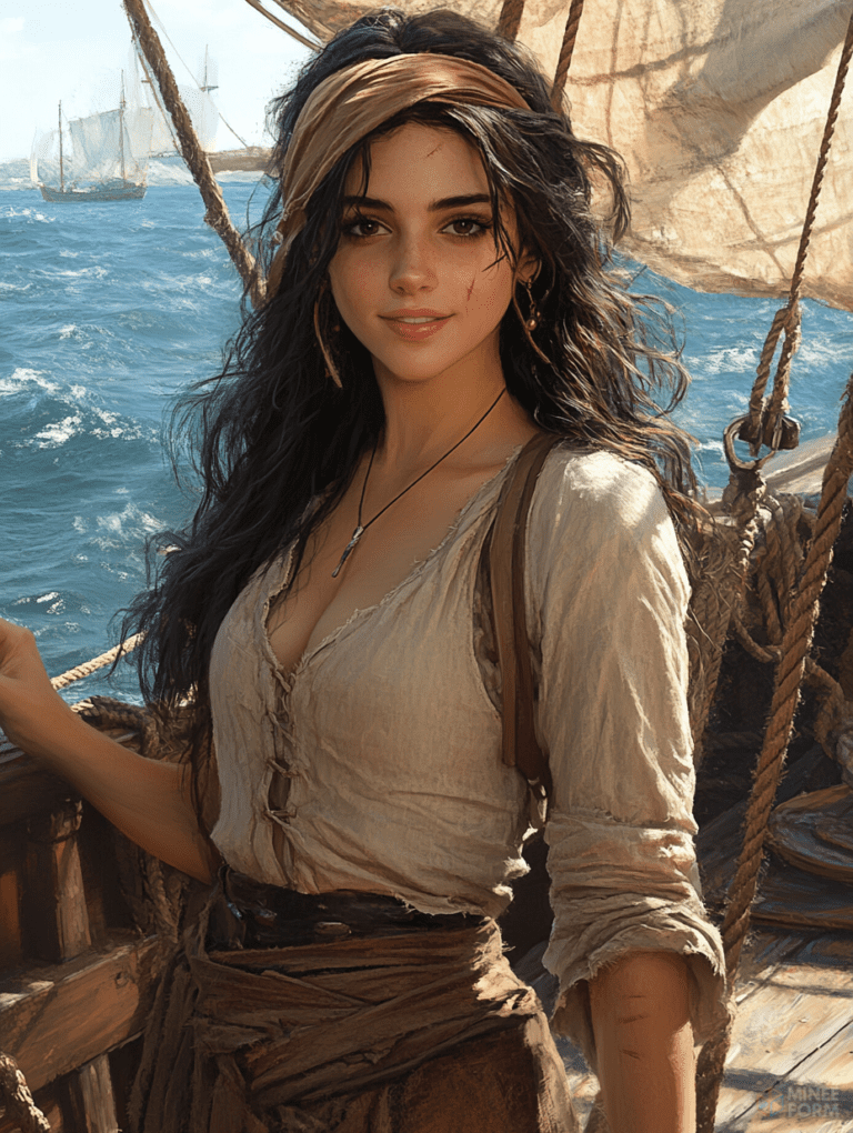 Young Woman with Flowing Dark Hair Standing Confidently on a Sunlit Sailing Ship with Billowing Sails in the Background and a Vast Blue Ocean Cute Girl Digital Painting 18 X 24 Inch