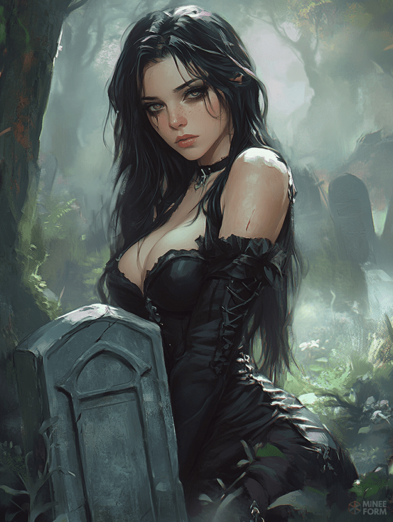 Mysterious Woman in Black Corset with Long Dark Hair in Enchanted Forest Cemetery Setting Cute Girl Digital Painting 18 X 24 Inch