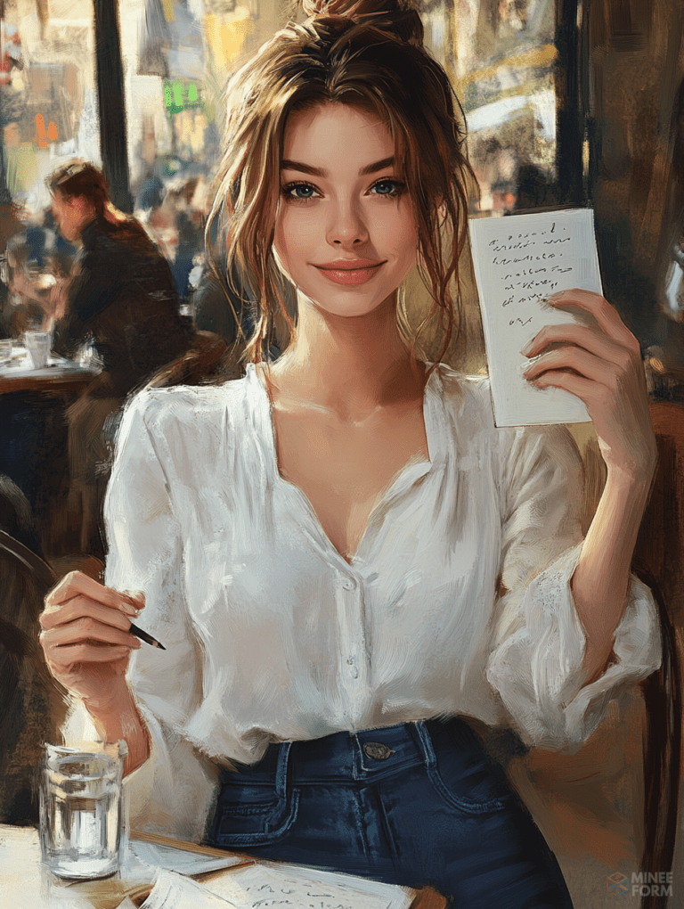 Charming Cafe Scene with Smiling Young Woman Holding a Notebook Amidst Soft Sunlight and a Cozy Atmosphere Cute Girl Digital Painting 18 X 24 Inch