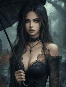 Mysterious Woman with Mesmerizing Green Eyes Holding an Umbrella in a Misty Cemetery Setting Cute Girl Digital Painting 18 X 24 Inch