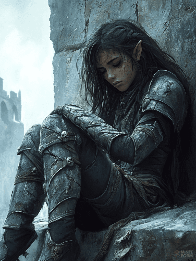 Mystical Elven Warrior Resting Against a Weathered Stone Wall with Ancient Castle Towers in the Background in a Serene Winter Setting Cute Girl Digital Painting 18 X 24 Inch