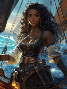 Confident Pirate Captain With Flowing Curly Hair Steering Ship Amidst Turbulent Blue Ocean Waves With Billowing Sails Under A Clear Sky Cute Girl Digital Painting 18 X 24 Inch