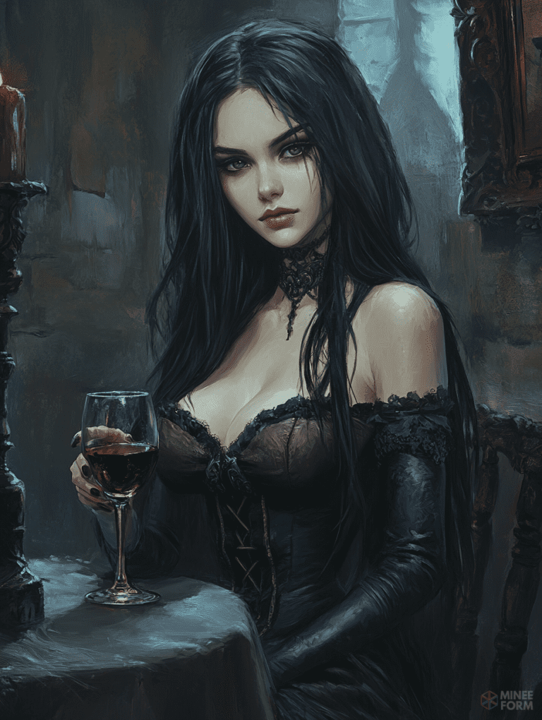 Mysterious Woman with Long Dark Hair in Elegant Corset Holding a Glass of Red Wine in a Dimly Lit Candlelit Room Cute Girl Digital Painting 18 X 24 Inch