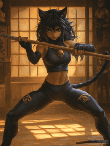 Fierce Warrior with Cat Ears in Martial Arts Dojo Holding Bo Staff in Sunlit Room with Traditional Japanese Style and Intense Determination in Her Eyes Cute Girl Digital Painting 18 X 24 Inch