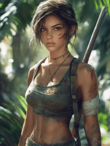 Warrior in the Lush Jungle Wounded and Determined With Short Brunette Hair Wearing Rustic Tank Top and Bandages Holding a Staff Amidst Sunlit Greenery Cute Girl Digital Painting 18 X 24 Inch