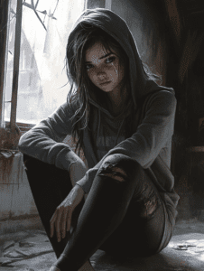 Young Woman with Tear-Streaked Face Sitting in Dimly Lit Abandoned Room Next to Cracked Window Draped in a Grey Hoodie and Worn Jeans Reflecting Resilience in Gritty Urban Setting Cute Girl Digital Painting 18 X 24 Inch