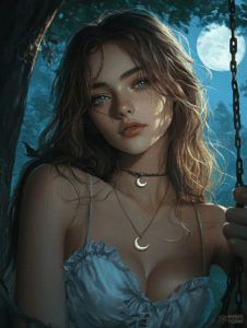 Ethereal Beauty in the Moonlit Forest with Cascading Hair and Crescent Necklace Cute Girl Digital Painting 18 X 24 Inch