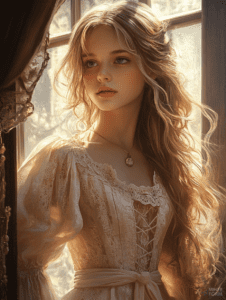 Young Woman in Elegant Lace Dress Bathed in Soft Sunlight by Window with Flowing Wavy Hair and Warm Expression Cute Girl Digital Painting 18 X 24 Inch